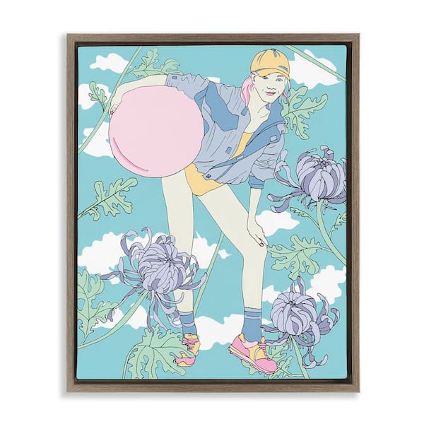 Stupell Industries Pastel Exercise Ball Girl by Melissa Wang Brown Floater Frame People Graphic Art Print 21 in. x 17 in.