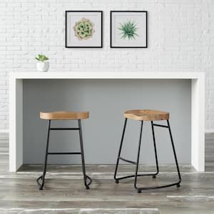 Modern Black Metal Backless Counter Stool with Wood Seat (Set of 2)