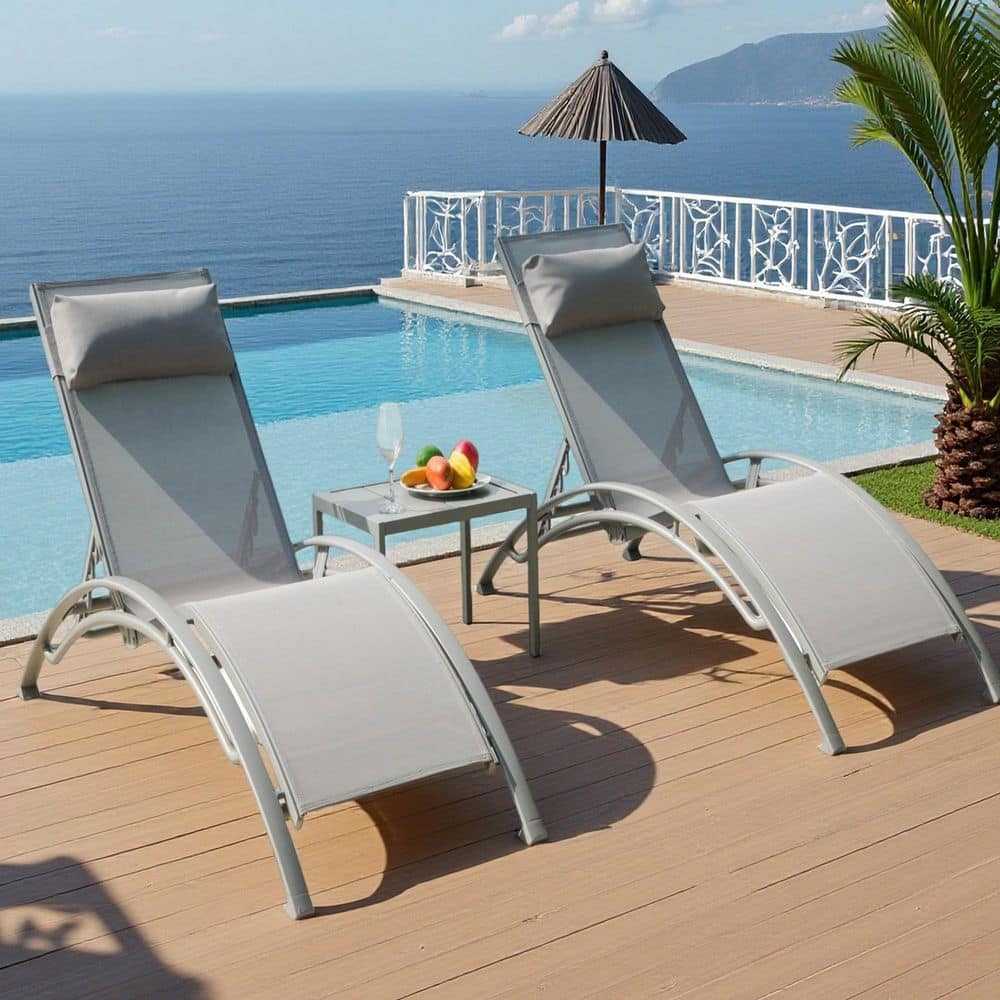 Set of 3 Adjustable Pool Lounge Chair Aluminum Outdoor Lounge Chairs with Metal Side Table All Weather in Gray price history on PriceWatchPro