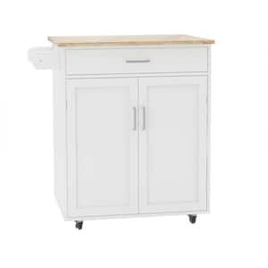 White Rubber Wood 32.68 in. Kitchen Island Rolling Trolley Cart with Adjustable Shelves and Towel Rack