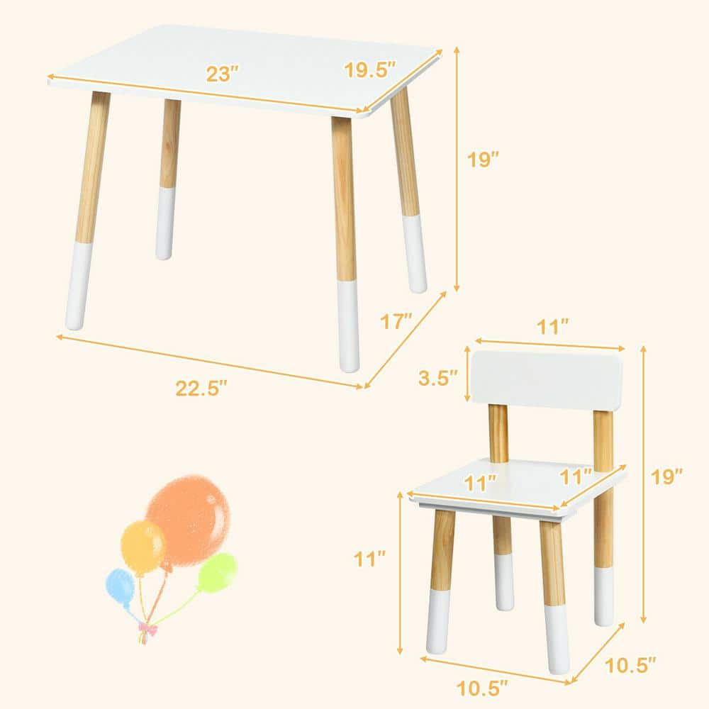White and Natural Pine Wood Kids Table and Chair Set