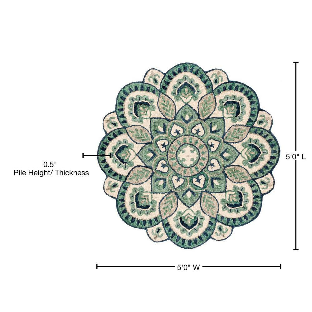 Handmade Round Blue Floral Wool Tufted Rug