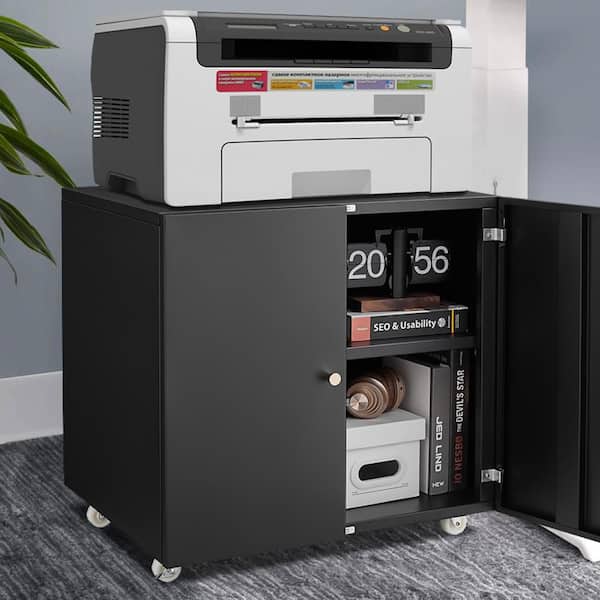 Black 19.68 in. H Mobile Printer Stand with Wheels, File Door, and Open Shelf for Letter/Legal/A4 Files
