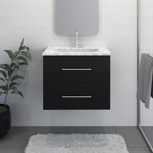 Napa 30 in. W x 22 in. D Single Sink Bathroom Vanity Wall Mounted In Glossy Black With Carrera Marble Countertop