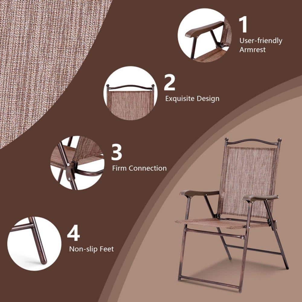 Brown Steel Frame Folding Patio Chairs Set of 2