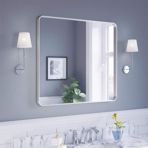 36 in. W x 32 in. H Rectangular Aluminum Framed Modern Silver Rounded Wall Mirror