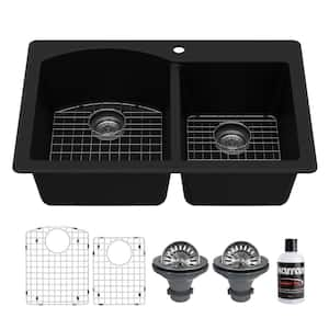 QT-610 Quartz/Granite 33 in. Double Bowl 60/40 Top Mount Drop-In Kitchen Sink in Black with Bottom Grid and Strainer