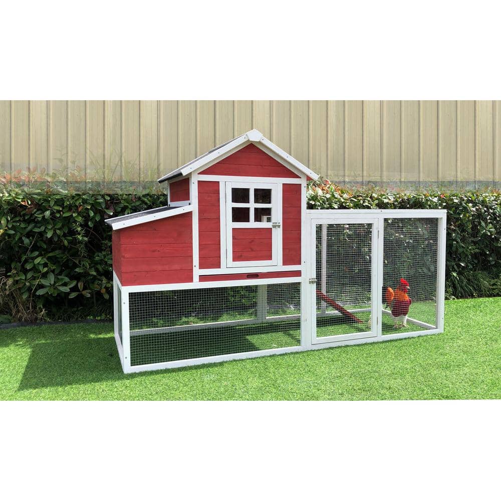 Red and White Elevated Wooden Chicken Coop with Mesh Run