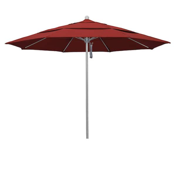 California Umbrella 11 ft. Gray Woodgrain Aluminum Commercial Market Patio Umbrella Fiberglass Ribs and Pulley Lift in Red Pacifica