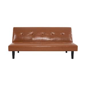Caramel Futon Sofa Bed, Faux Leather Futon Couch, Sofa Bed Couch Convertible with Wooden Legs, Button Tufted Futon Bed
