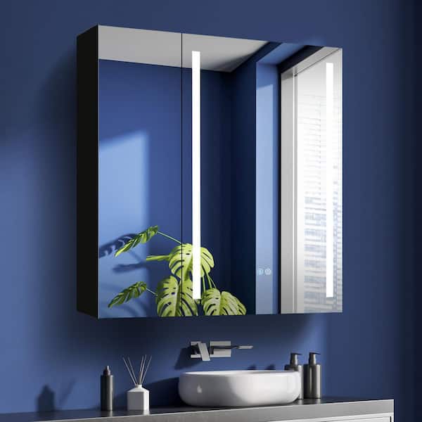 30 in. W x 30 in. H Rectangular Surface Mount LED Medicine Cabinet with Mirror in Black Aluminum with Adjustable Shelves