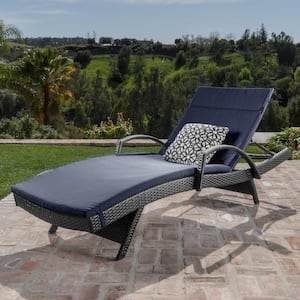 Miller Grey Faux Rattan Outdoor Patio Chaise Lounge with Navy Blue Cushion and Armrest