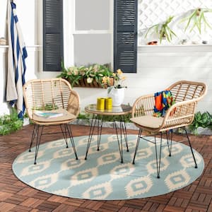 3-Piece Outdoor Bistro Wicker Patio Set with Glass Table and Chairs Seat Beige Cushion