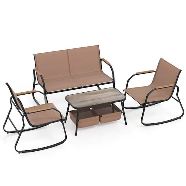 4-Piece Metal Patio Conversation Set with 2 Rocking Bistro Chairs 2-Tier Coffee Table