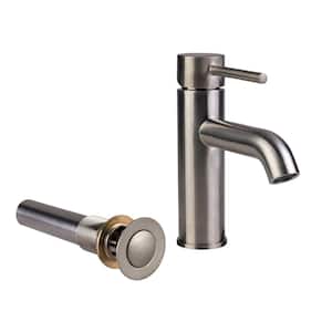Single Hole Single-Handle Bathroom Faucet with Metal Drain Assembly in Brushed Nickel