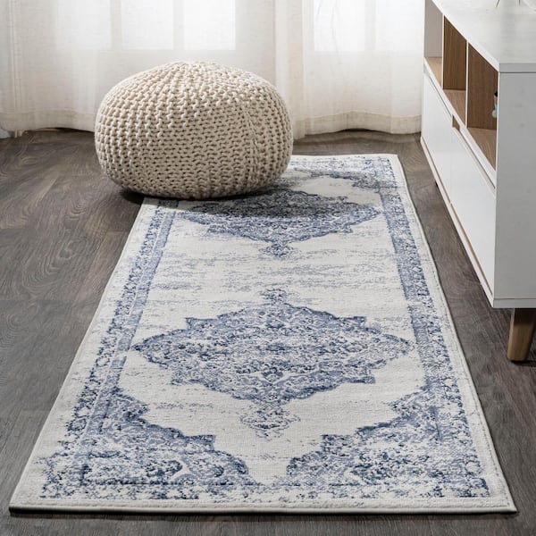 JONATHAN Y Alhambra Ornate Blue/Ivory 2 ft. x 10 ft. Medallion Modern Light Runner Rug