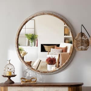 36 in. W x 36 in. H Round Beaded Framed Floating Wall Bathroom Vanity Mirror in Antique White