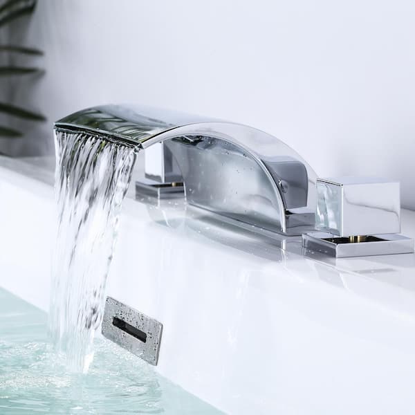 Waterfall 2-Handle Deck Mounted Roman Tub Faucet 3 Hole, Bathtub Shower Faucet with Dual Handle in Polished Chrome