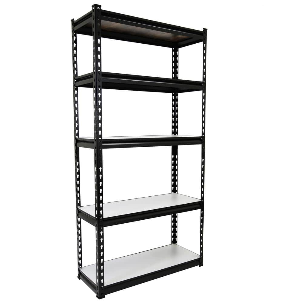 Adjustable 5-Tier Black Metal and Wood Storage Shelving