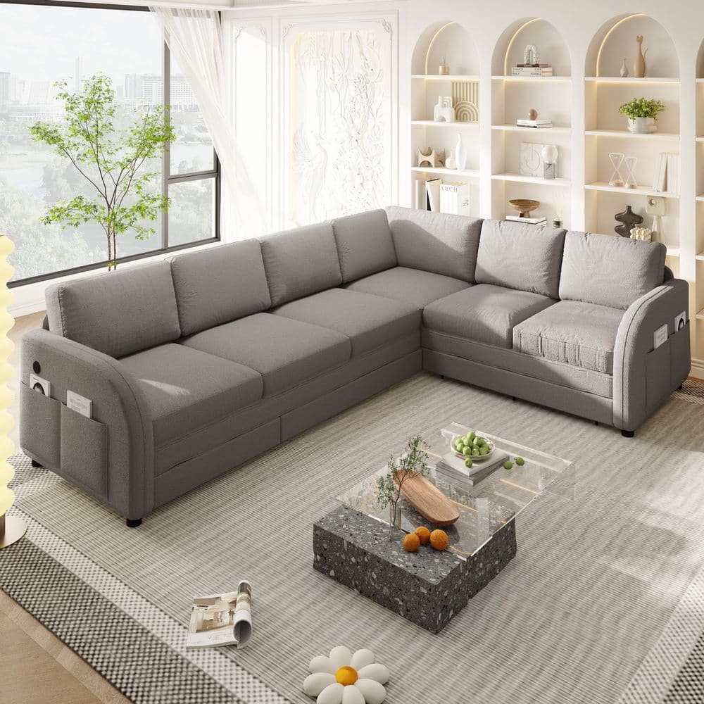 115.2 in. Square Arm Teddy Sofa in Light Gray with Pull-Out Bed,Side Pocket and USB Port price history on PriceWatchPro
