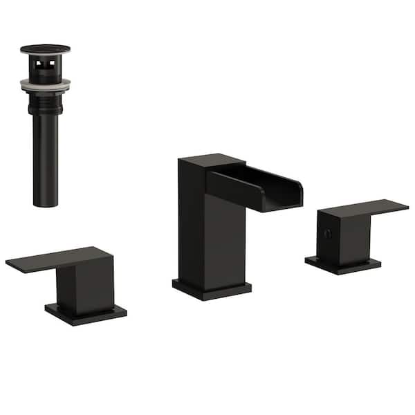 3-Hole Waterfall Open Spout 8 in. Widespread 2-Handle Bathroom Faucet in Matte Black Pop-Up Drain Included