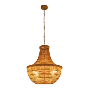 60-Watt 4-Light Linen Color Brown Classic Shaded Pendant-Light with Woven Rattan Shade, No Bulbs Included