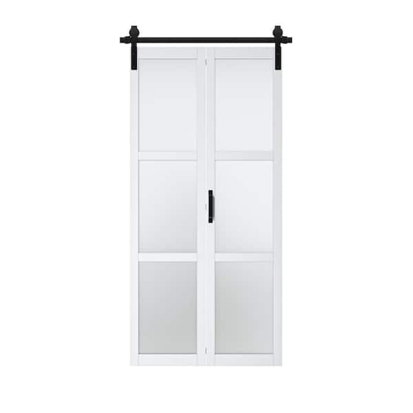 ARK DESIGN 40 in. x 84 in. 3-Lite Tempered Frosted Glass Solid Core White Finished Composite Bi-Fold Door with Hardware