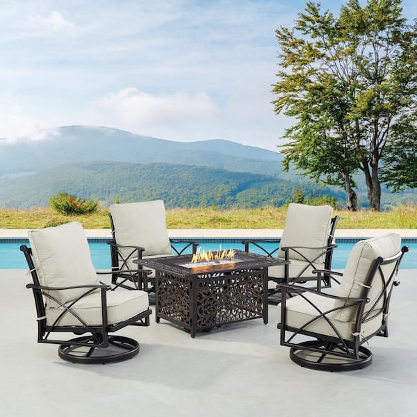 Oakland Living Black Aluminum Fire Table Set with 4-Club Chairs