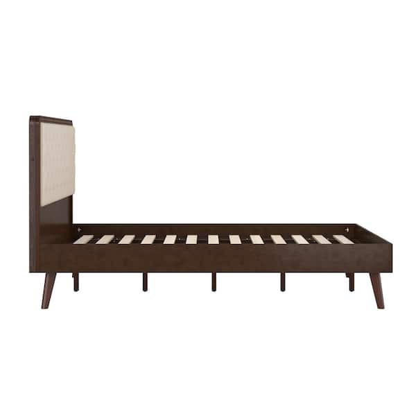 Monster Brown Walnut Solid Wood Frame Queen Size Platform Bed Frame with Upholstered Headboard
