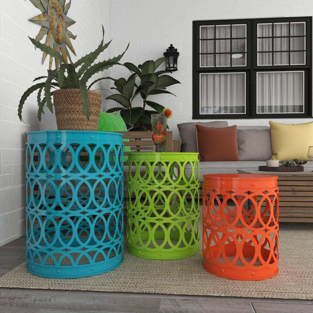 Set of 3 Multicolor Metal Drum Accent Tables