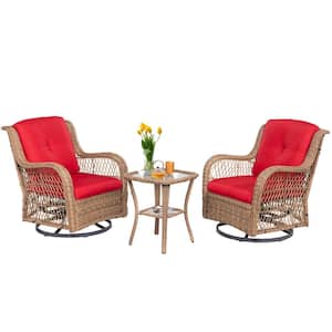 3-Piece Wicker Outdoor Bistro Set with 2 Swivel Chairs Red Cushioned and 1 Glasstop Side Table