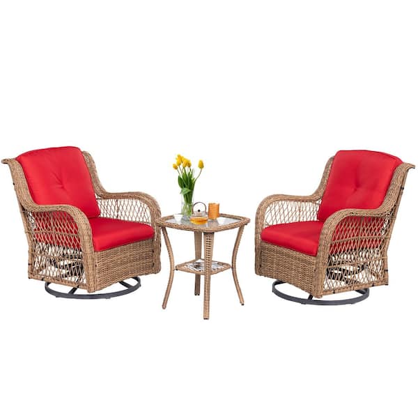 MEOOEM 3-Piece Wicker Outdoor Bistro Set with 2 Swivel Chairs Red Cushioned and 1 Glasstop Side Table