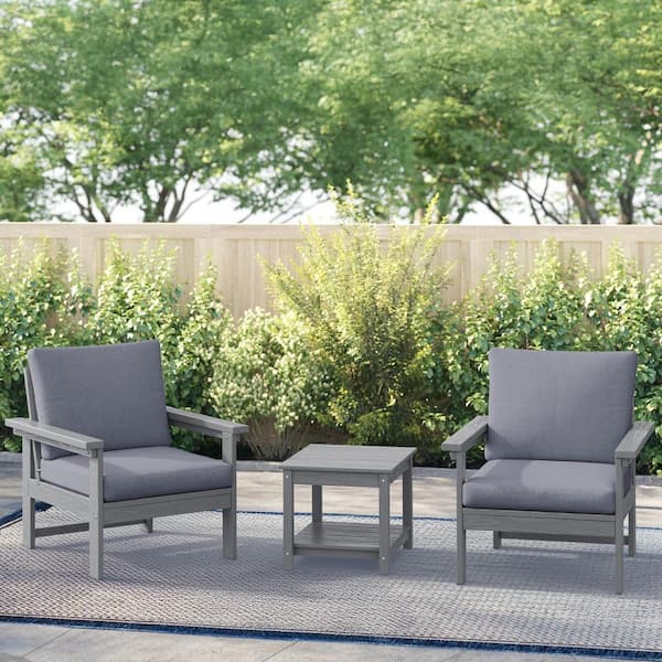 JEAREY Gray 3-Piece Eco-Friendly HDPE Patio Seating Set Conversation Set with Gray Cushions and Side Table