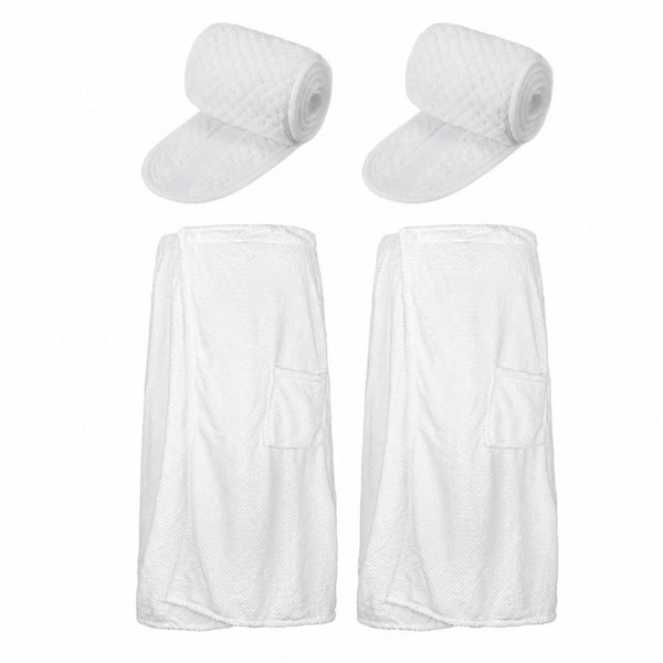 White Polyester Bath Wrap Towel Set with Pocket and Headband, Adjustable Closure, 2 Sets