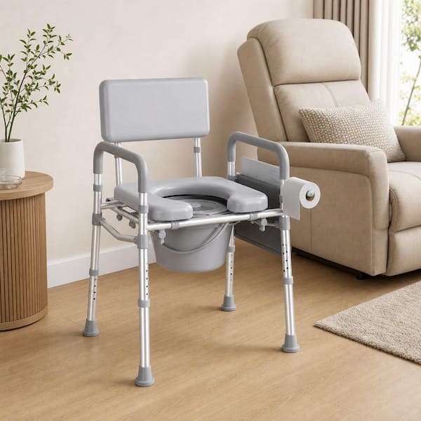 Numhew 23.5 in. x 22 in. Bedside Commode Toilet Seat in Gray with Padded Seat and Backrest, 350 lbs. Capacity, 6.5 qt Bucket