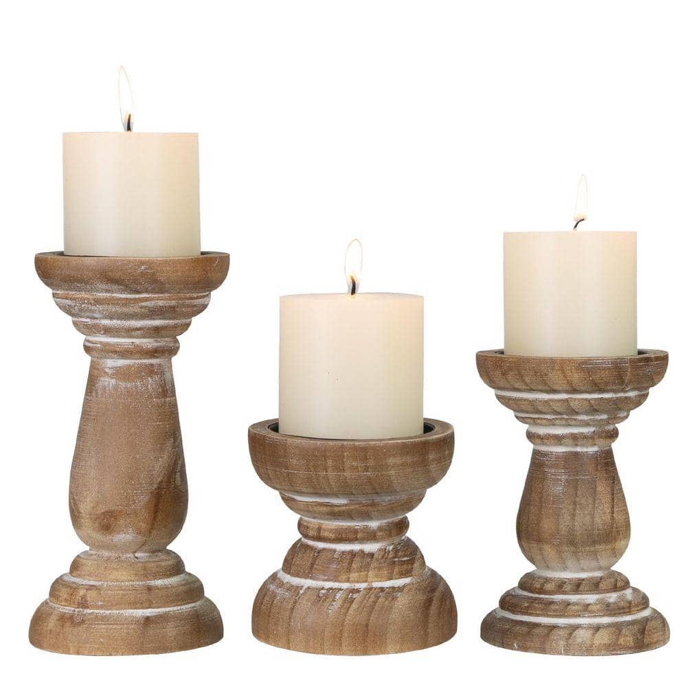 Brown Wooden Pillar Candle Holders Set of 3, Rustic Farmhouse Vintage ...