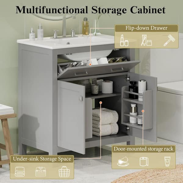 30 in. W Single Sink Modern Freestanding Gray Bath Vanity with White Ceramic Top Dual Storage Shelves (Unassembled)