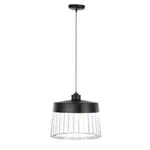 Industrial 1-Light Drum-Shaped Iron Grid Shade in Matte Black
