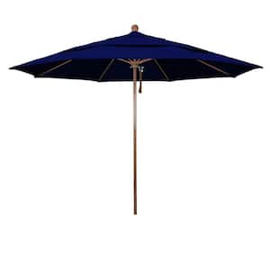 11 ft. Woodgrain Aluminum Commercial Market Patio Umbrella Fiberglass Ribs and Pulley Lift in True Blue Sunbrella
