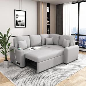 87.4 in. W Light Gray Velvet 3-Seater Full Size Sectional Sleeper Sofa Bed with L-Shape Chaise