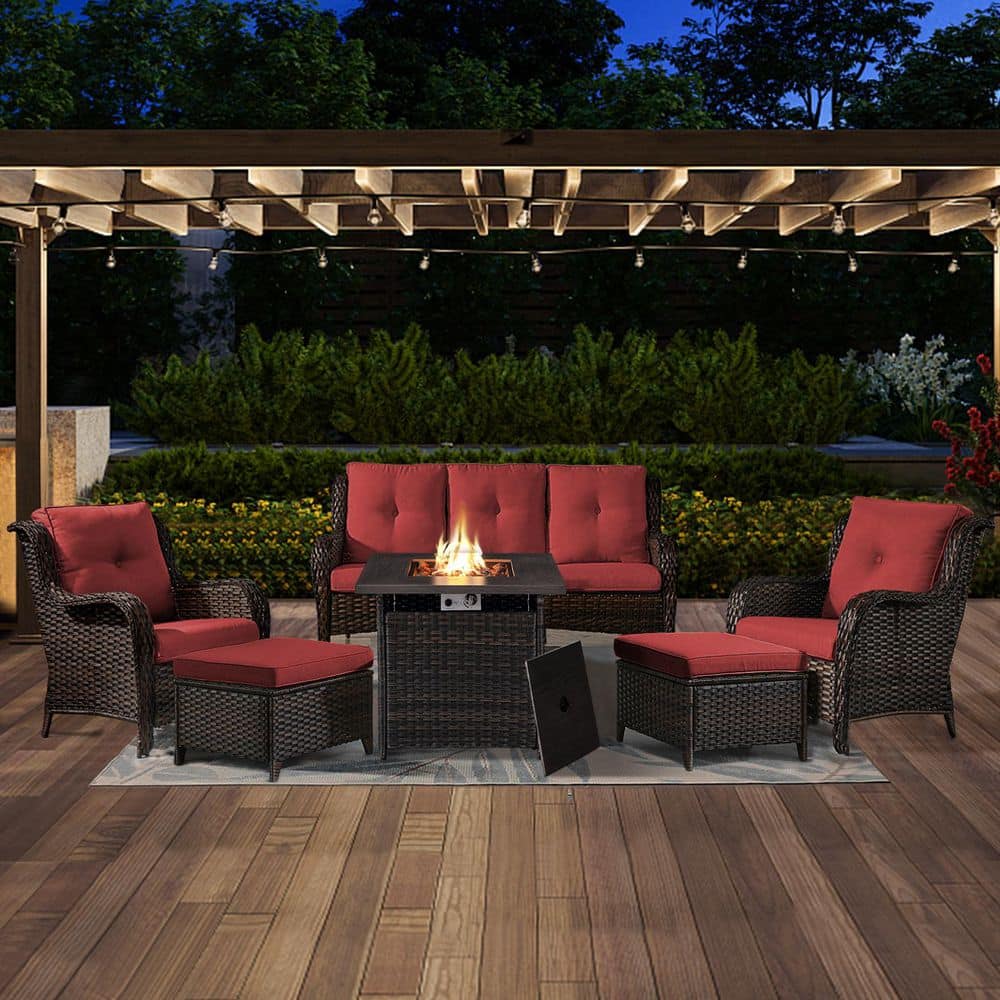 ArcoBay 6-Piece Brown Frame Wicker Patio Square Fire Pit Conversation Set with Red Cushions and Ottomans price history on PriceWatchPro