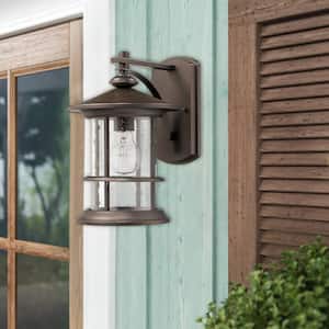 1-Light Brown Hardwired Outdoor Wall Lantern Sconce Porch Light with Clear Seedy Glass