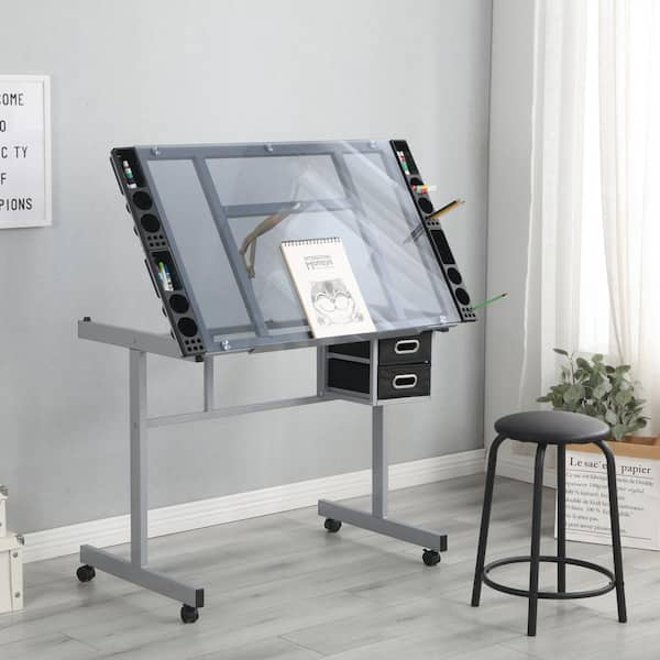 38 in. Rectangular White Tempered Glass Hand Crank Adjustable Drafting Table  Drawing Desk with 2-Drawer and Stool FY-W347126616 - The Home Depot