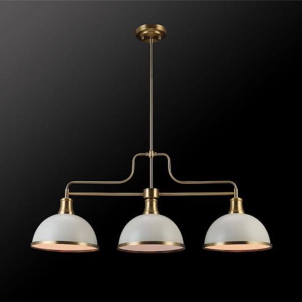 Beckett 3-Light Matte White Linear Chandelier with Metal Shades and Matte Brass Accents