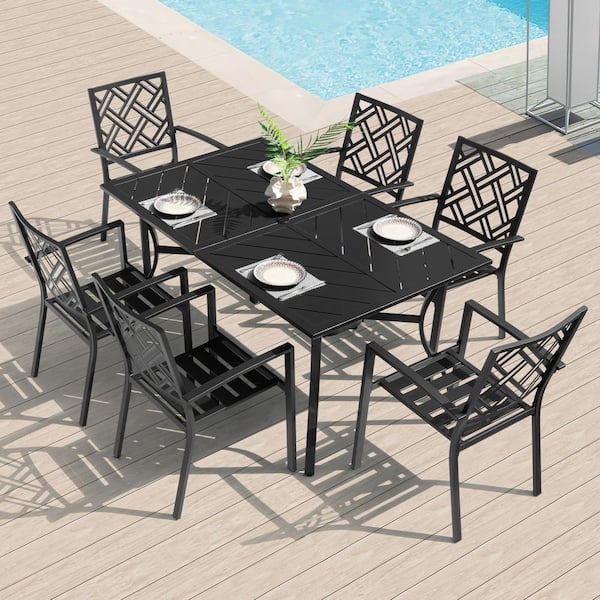 Black 7-Piece Metal Rectangle Outdoor Dining Set with Umbrella Hole and Splicing Tabletop, Stackable Design