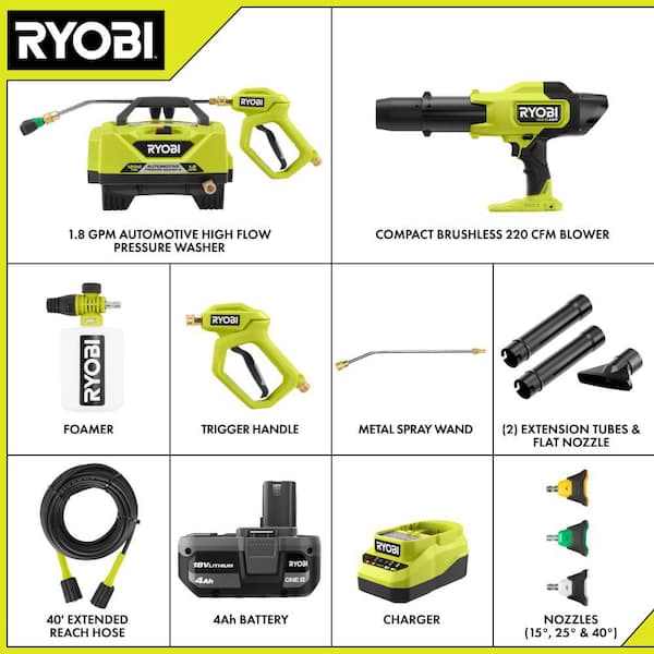 1.8 GPM Automotive High Flow Pressure Washer with ONE+ HP 18V Brushless 220 CFM Compact Blower, 4.0 Ah Battery & Charger