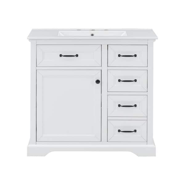36 in. Single Sink Freestanding White Bath Vanity with White Ceramic Top, Adjustable Shelves, Black Handle and Knob
