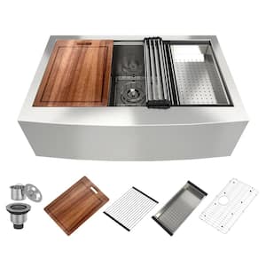 33 in. Undermount Farmhouse Single Bowl 18-Gauge Brushed Stainless Steel Workstation Kitchen Sink with Accessories