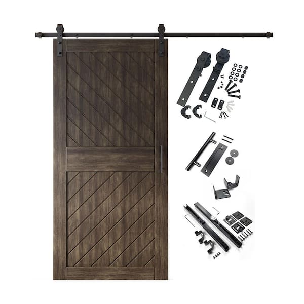 XT4 32 in. x 84 in. C-Panel Ebony Slanted Stripe Design Solid Pine Wood Sliding Barn Door with Hardware Kit