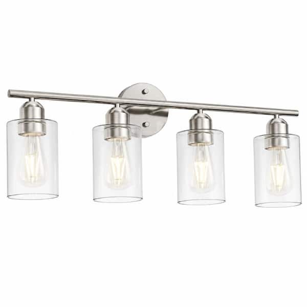 Brushed Nickel 4-Light Farmhouse Vanity Light Bar with Cylinder Glass Shades for Bathroom Mirror Wall Sconce
